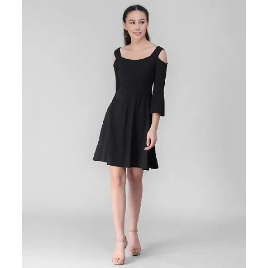 Elizy Women Black Cold Shoulder Plain Midi Hosery Dress