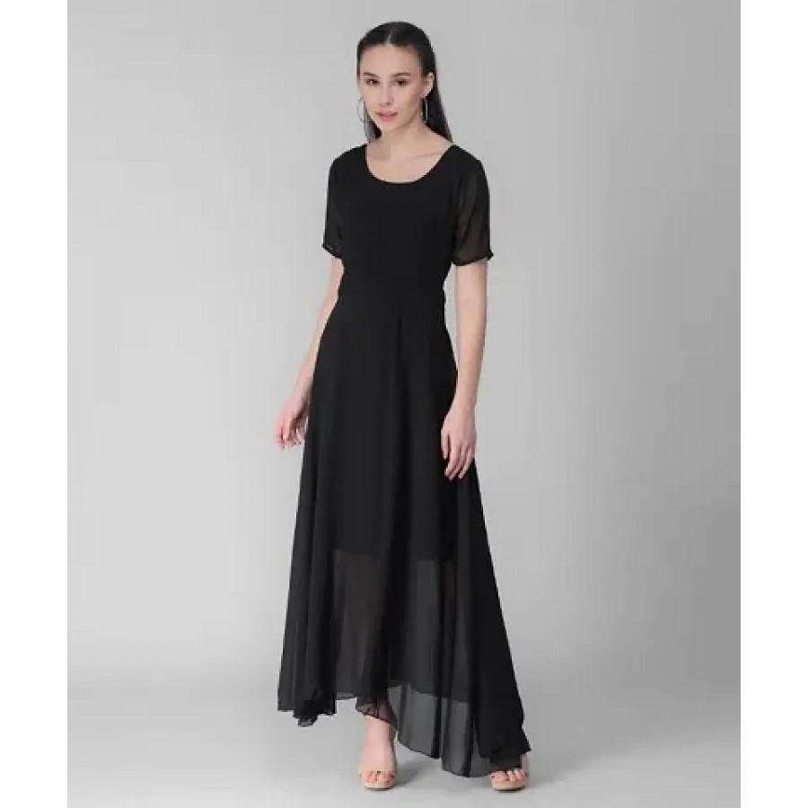 Elizy Women Black Plain Georgette Dress