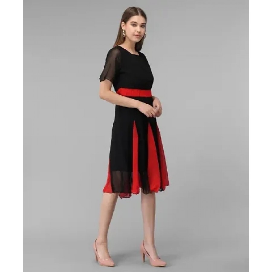 Elizy Women Black Red Kali Georgette Midi Dress