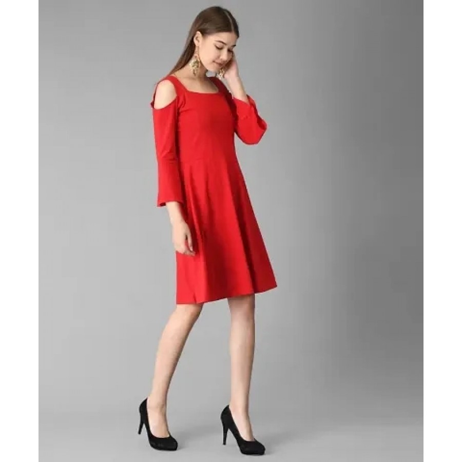 Elizy Women Red Cold Shoulder Plain Midi Hosery Dress