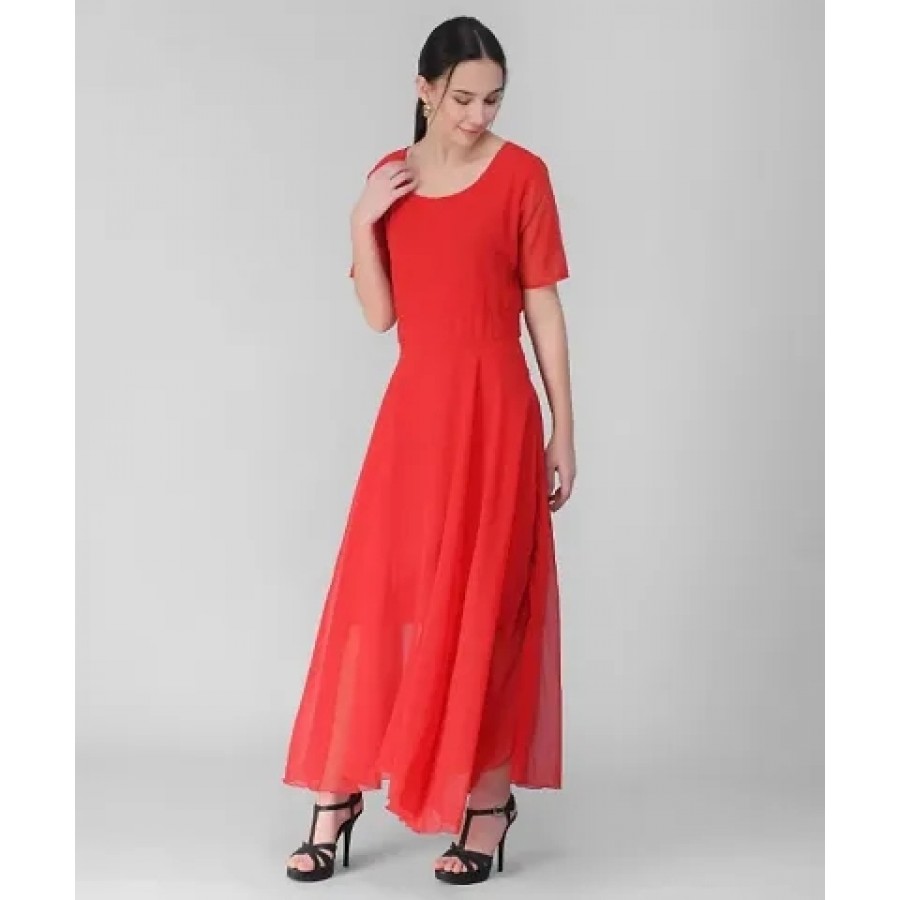 Elizy Women Red Plain Georgette Dress