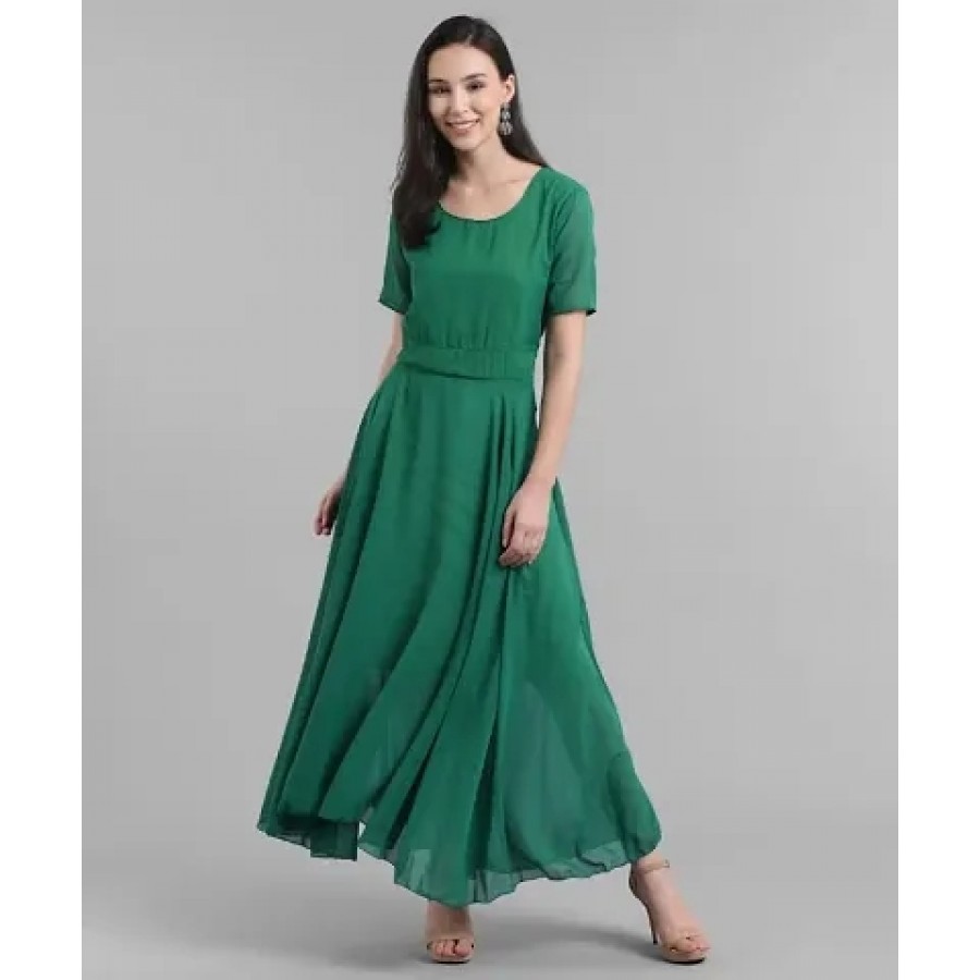 Elizy Women Sea Green Plain Georgette Dress