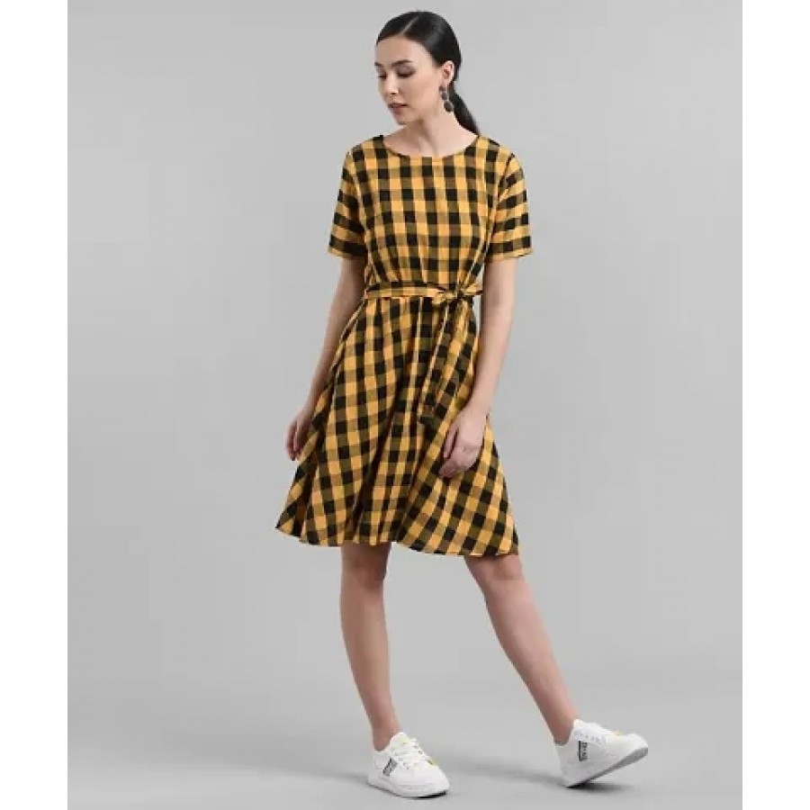 Elizy Women Yellow Check Printed Short Dress