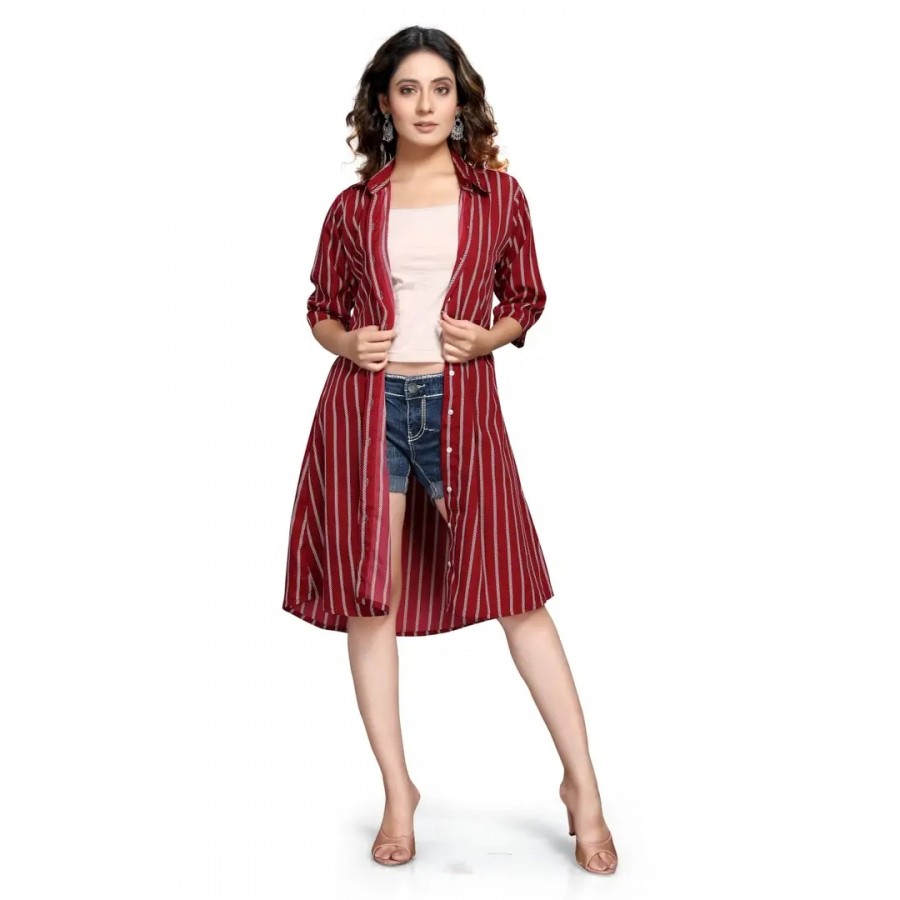 Fabulous Maroon Crepe Striped Knee Length Dress For Women