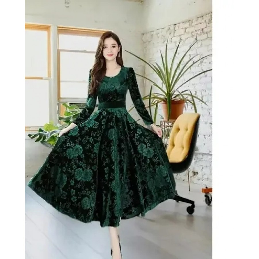 Green Velvet Embellished Dresses For Women