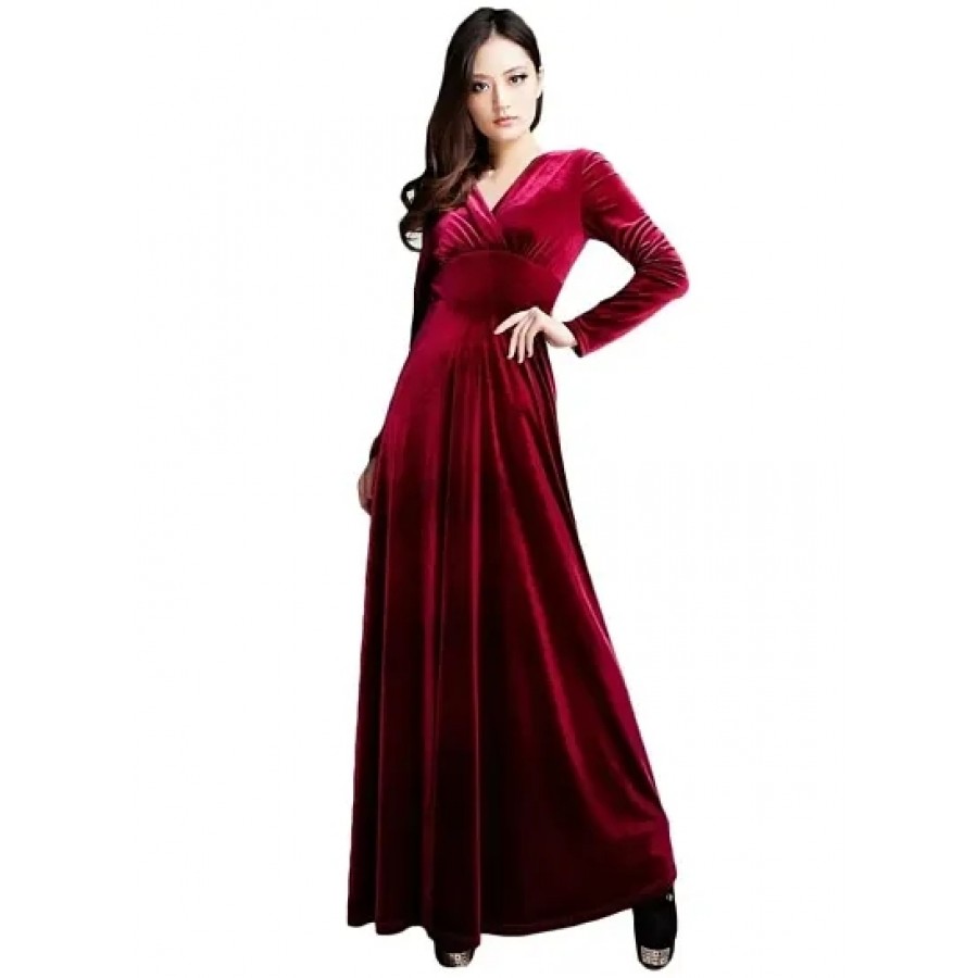 Maroon Long Velvet Maxi Dress