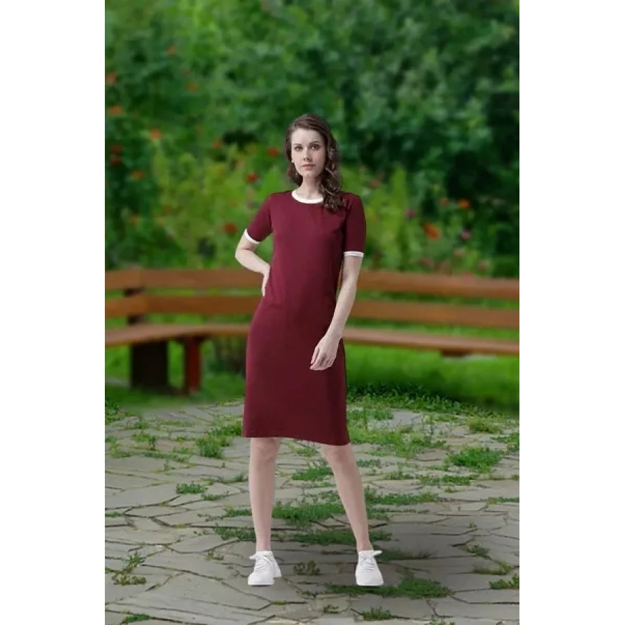 Maroon PC Cotton Colourblocked Knee Length Bodycon Dress