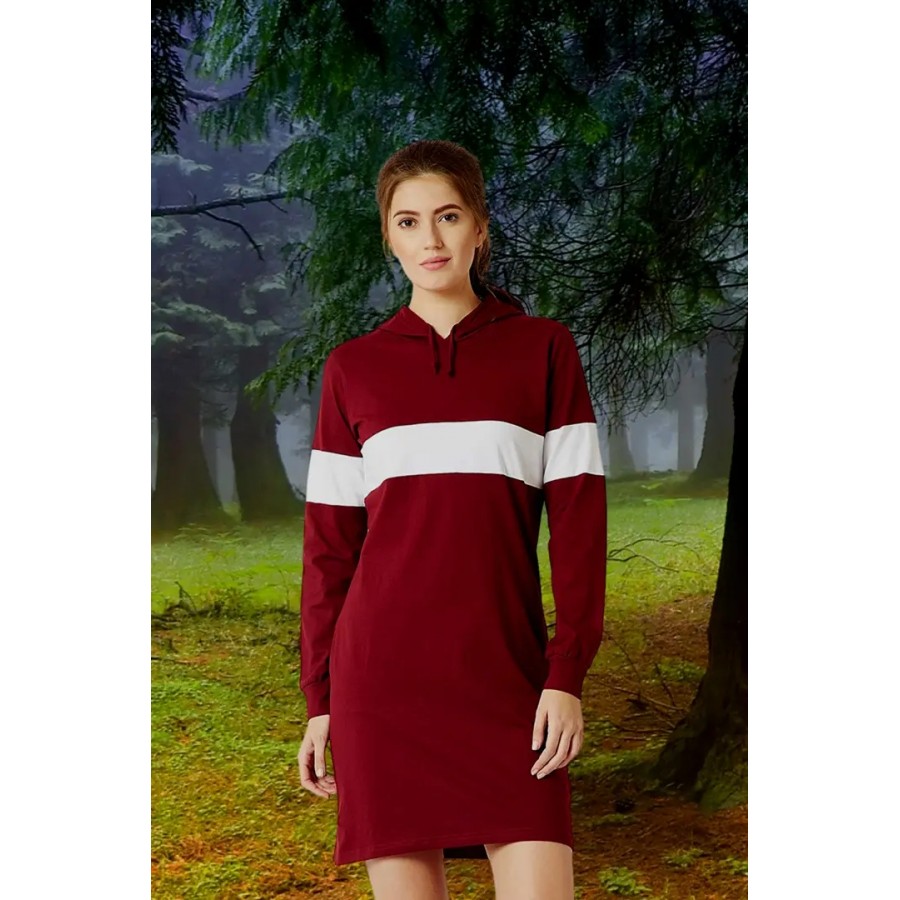 Maroon PC Cotton Colourblocked Knee Length Bodycon Dress