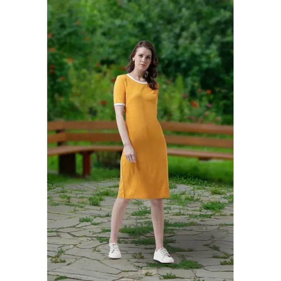 Mustard PC Cotton Colourblocked Knee Length Bodycon Dress