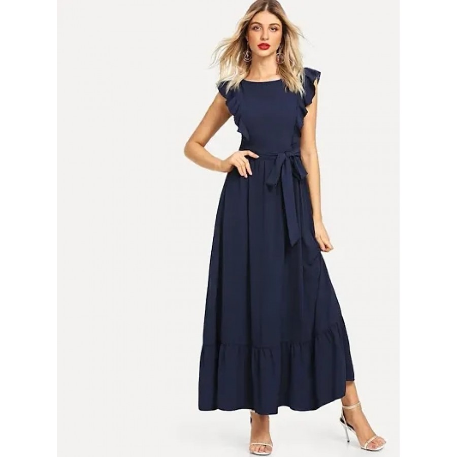 Navy Blue Ruffle Hem Self Belted Maxi Dress