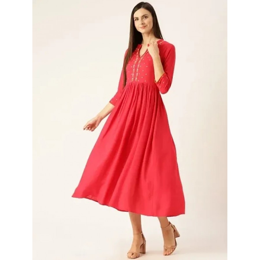 Pink Embroidered Viscose Rayon Fit  Flare Dress