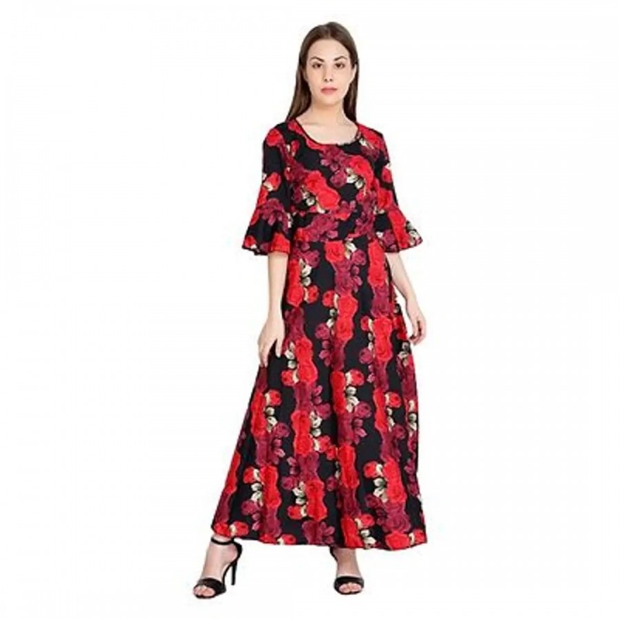 RAABTA BLACK BASE WITH RED ROSE PRINTED BELL SLEEVES DRESS