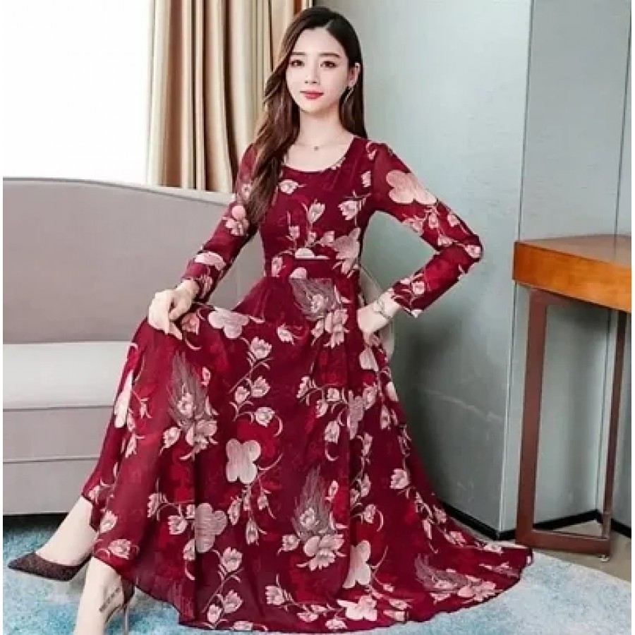 RAABTA MAROON PRINTED DRESS WITH FULL SLEEVES 0107