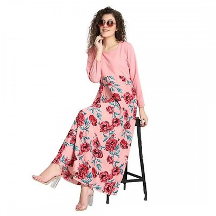 RAABTA PEACH UPPER LONG DRESS WITH FLOWER PRINT