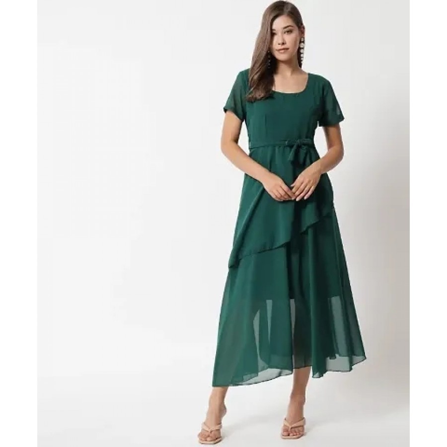 RAMA GREEN FRILL SHORT DRESS WITH HALF SLEEVE