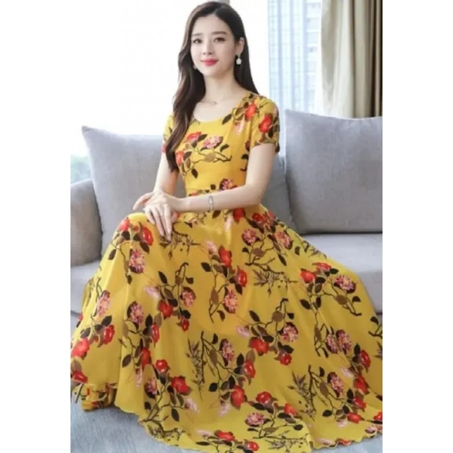 RWD-01040 Mustard Flower Print Long Dress