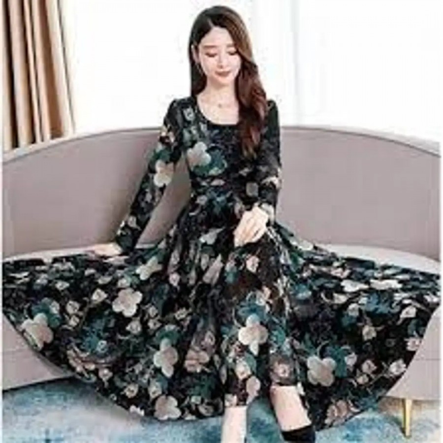 Raabta Women Black Flower Print Long Dress Full Seelve