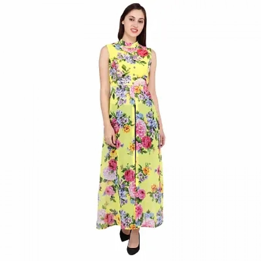 Ravishing Yellow Printed Georgette Women Maxi Dress