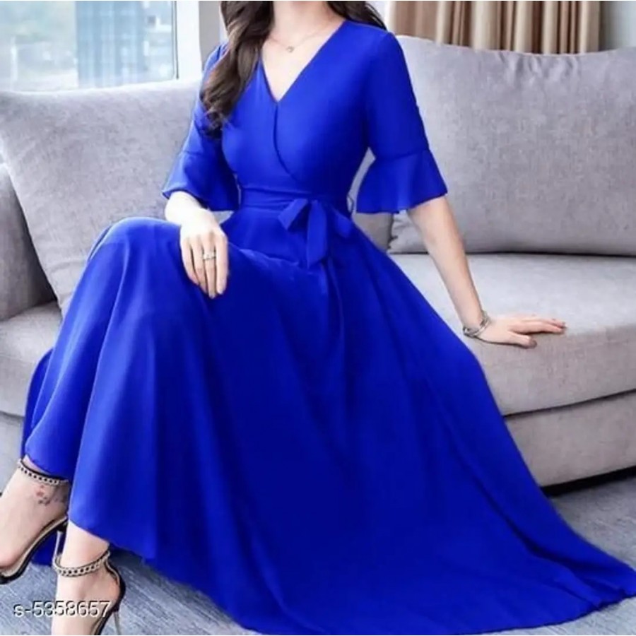 Royal Blue V-Neck Dress With Knotes 0104