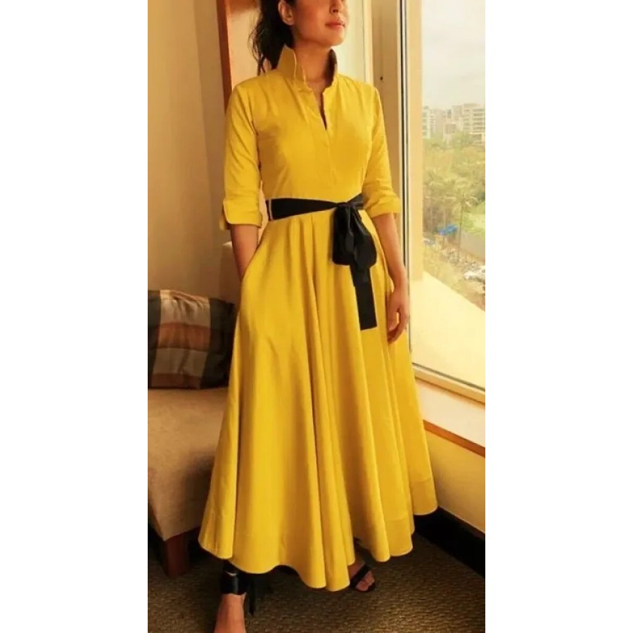 Solid yellow A line collar neck women dress