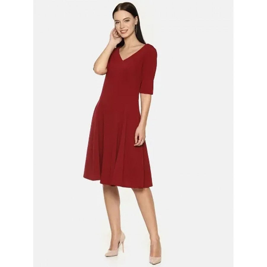 Stunning Maroon Polyester Self Design V-Neck Dress For Women