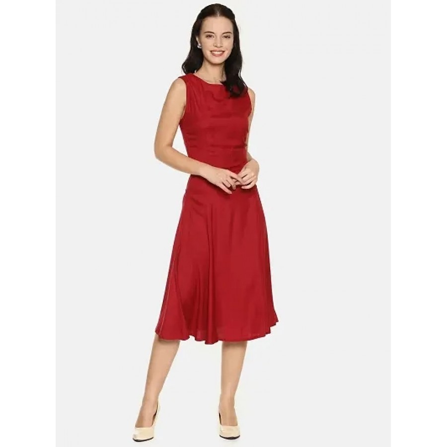 Stunning Maroon Rayon Self Design Flared Dress For Women