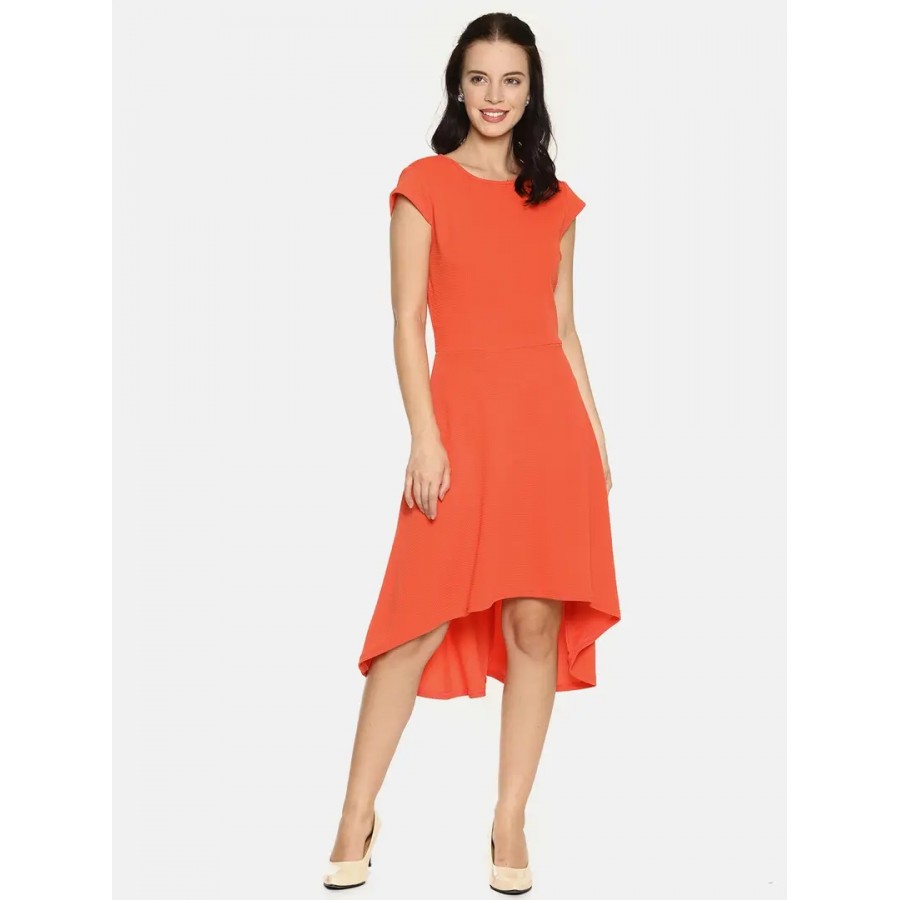 Stunning Orange Polyester Self Design Cap Sleeve Dress For Women