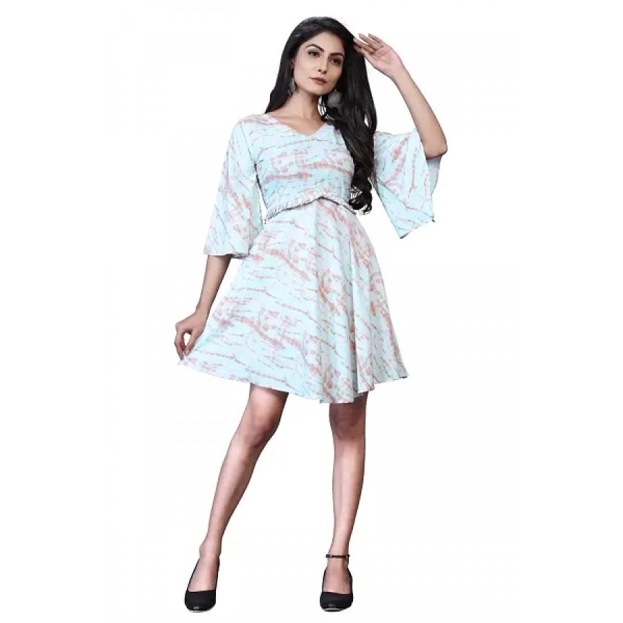 Stylish Crepe Turquoise Leheriya Printed V Neck Flared Sleeve Dress For Women