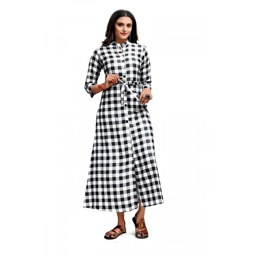 Stylish Crepe White Checked Collared Neck 3/4 Sleeves Dress For Women