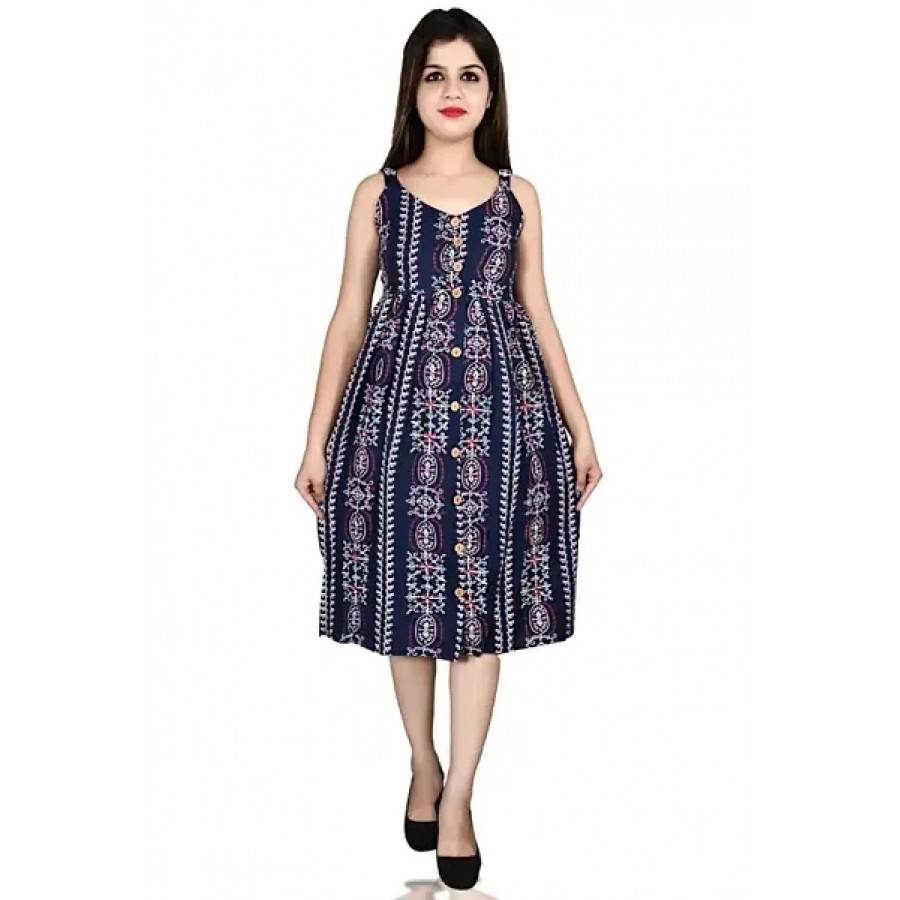 Stylish Navy Blue Rayon Printed Shoulder Strap Dresses For Women