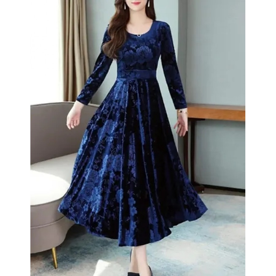 Stylish Navy Blue Velvet Printed Flared For Women