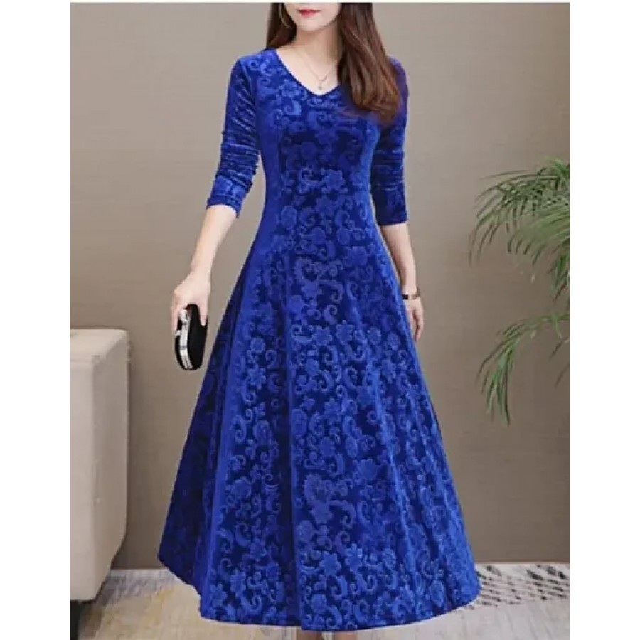 Stylish Navy Blue Velvet Printed Flared For Women