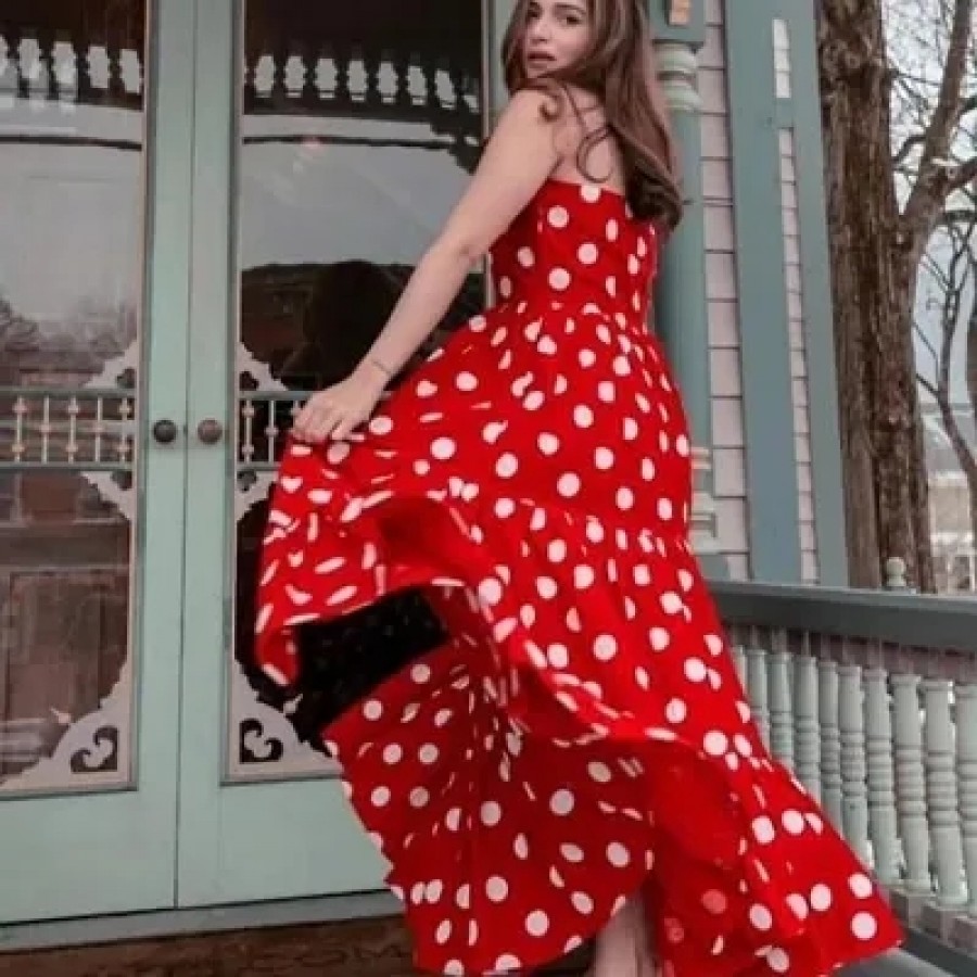 Stylish Red Crepe Polka Dots Fit And Flare Dress For Women