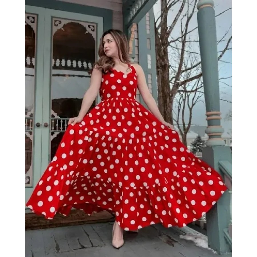 Stylish Red Crepe Polka Dots Fit And Flare Dress For Women