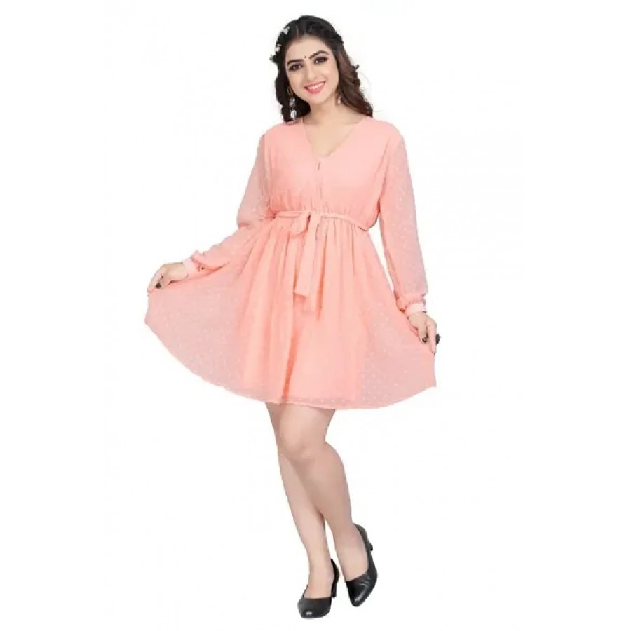 Stylish Solid Peach Fit and Flared Dress