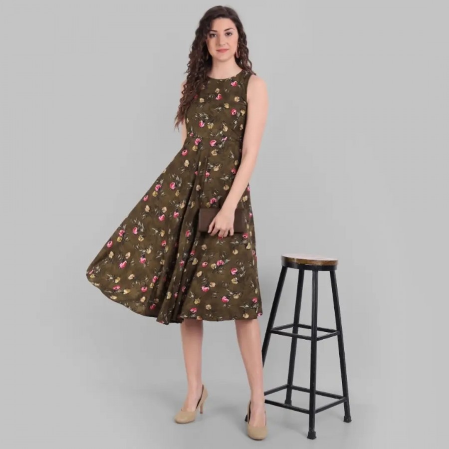 Stylish Crepe Round Neck and Sleeveless Printed Fit and Flare Midi Length Dress For Women