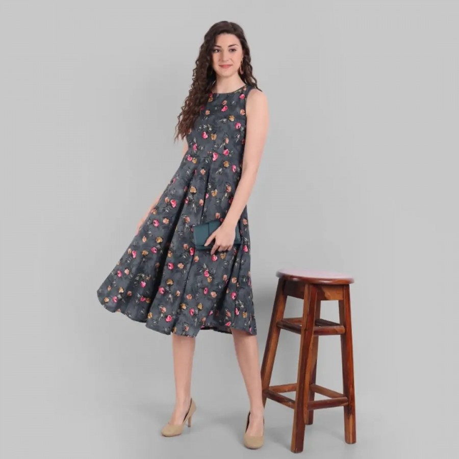 Stylish Crepe Round Neck and Sleeveless Printed Fit and Flare Midi Length Dress For Women