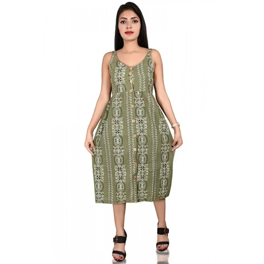 Stylish Green Rayon Printed Shoulder Strap Dresses For Women