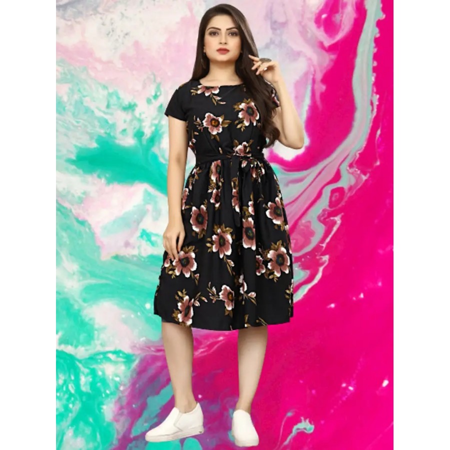 Stylish Multicoloured Crepe Printed Dress For Women