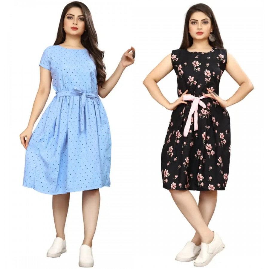 Stylish Multicoloured Crepe Printed Dresses For Women Pack Of 2