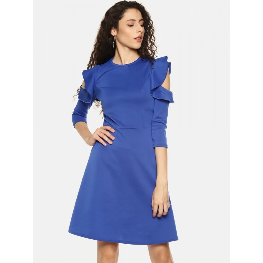 Stylish Polyester Blue Solid Cold Shoulder Dress For Women