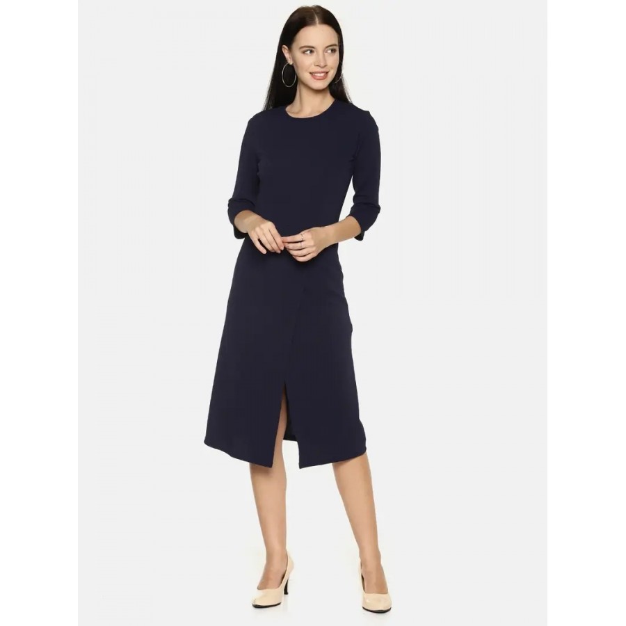 Stylish Polyester Navy Blue Solid 3/4 Sleeve Front Slit Simple Flare Dress For Women