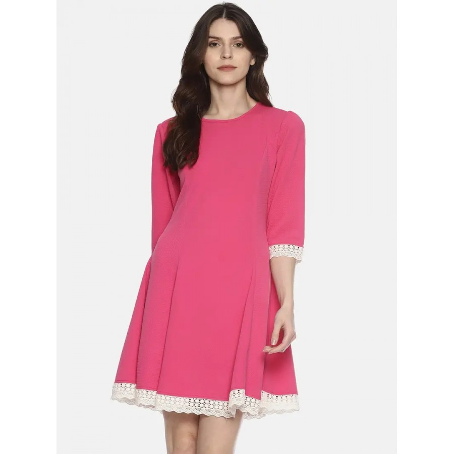 Stylish Polyester Pink Solid 3/4 Sleeves Round Neck Lace Dress For Women