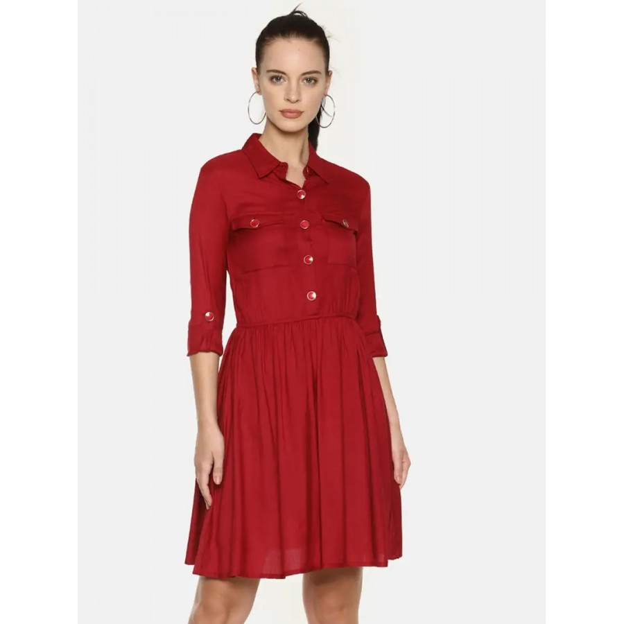 Stylish Rayon Maroon Solid Shirt Dress For Women