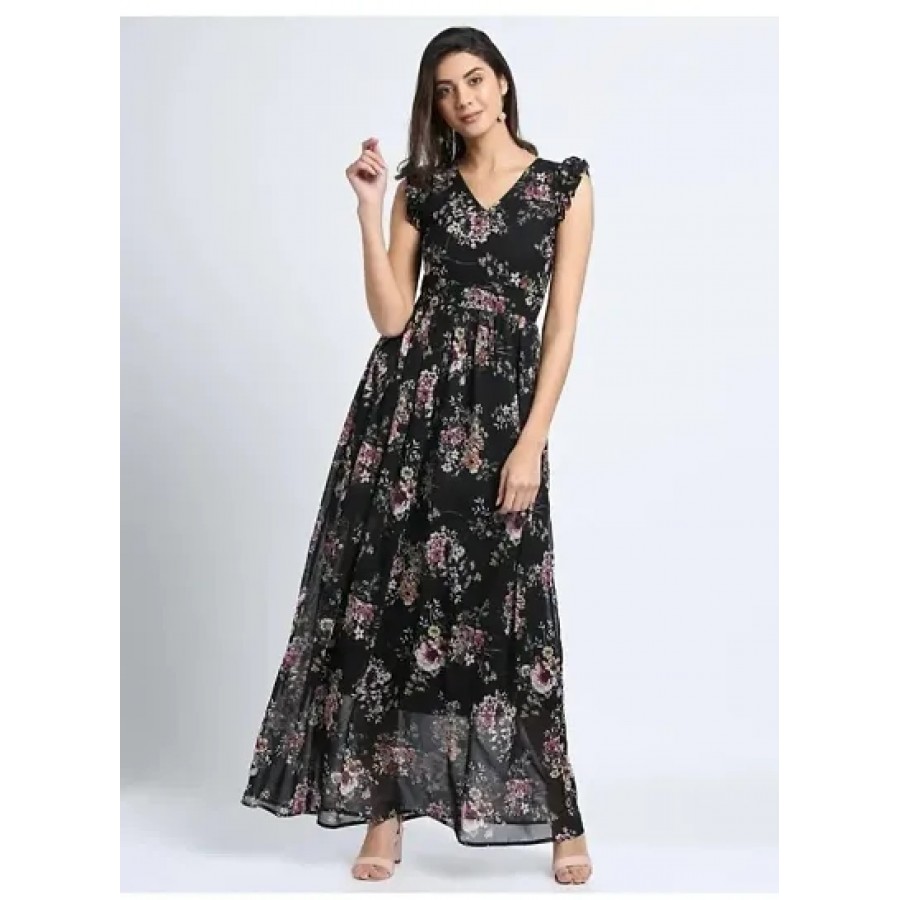 Vivient Women Black Red Flower Printed Georgette Long Dress