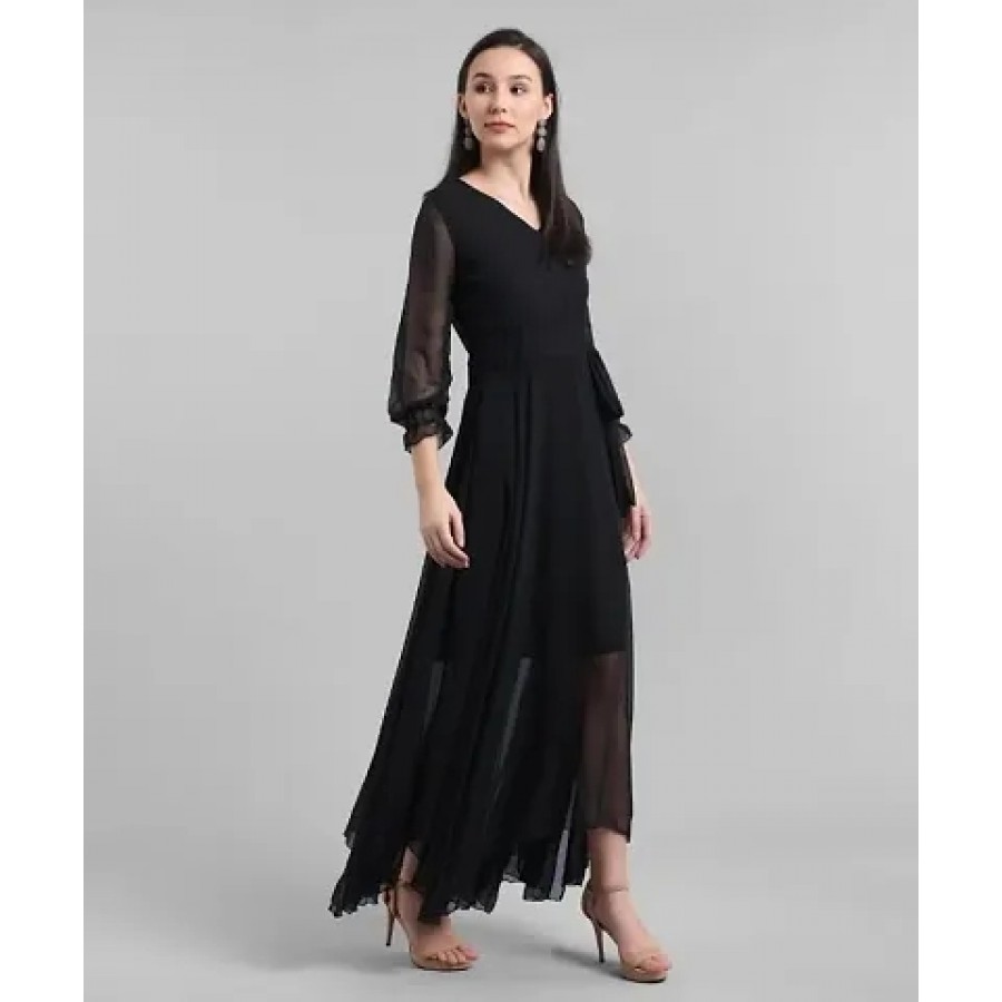 Vivient Women Black V-Neck Georgette Plain Maxi Dress