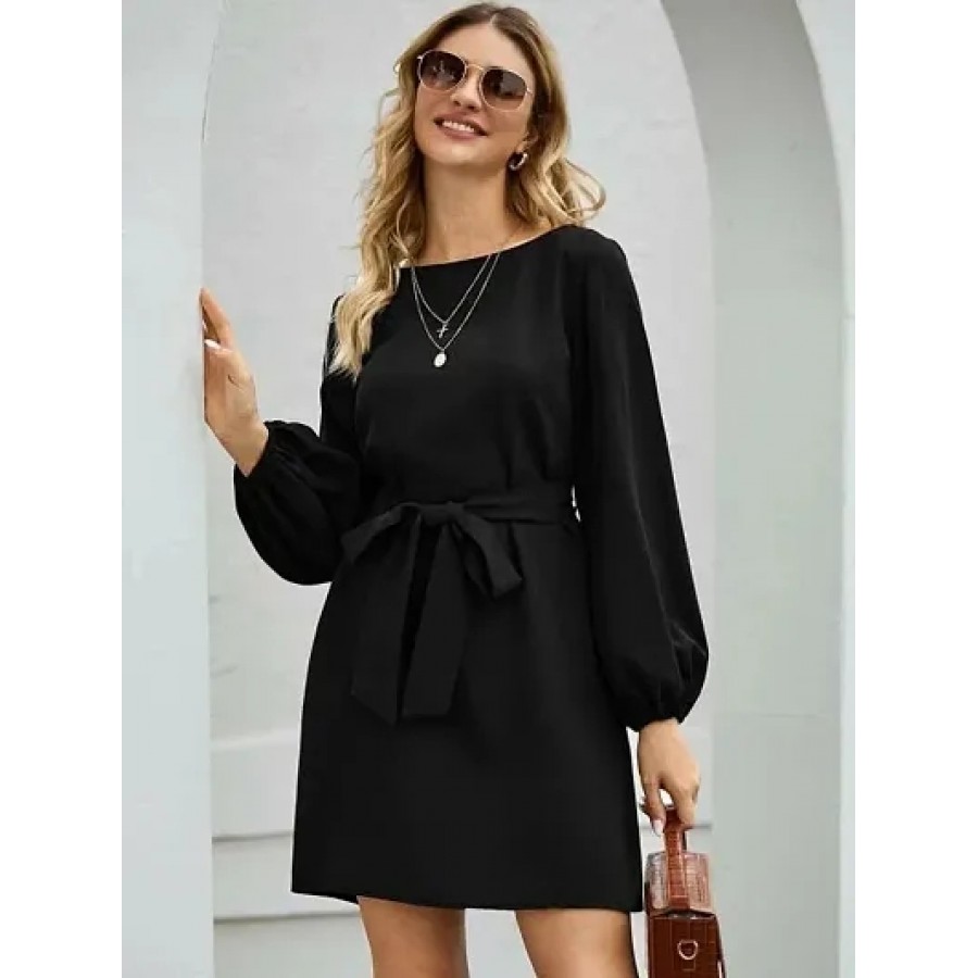 Vivient Women Elegant Black Elastic Sleeve Crepe Short Dress