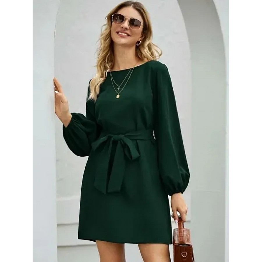 Vivient Women Elegant Dark Green Elastic Sleeve Crepe Short Dress