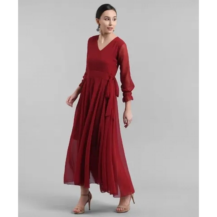 Vivient Women Maroon V-Neck Georgette Plain Maxi Dress