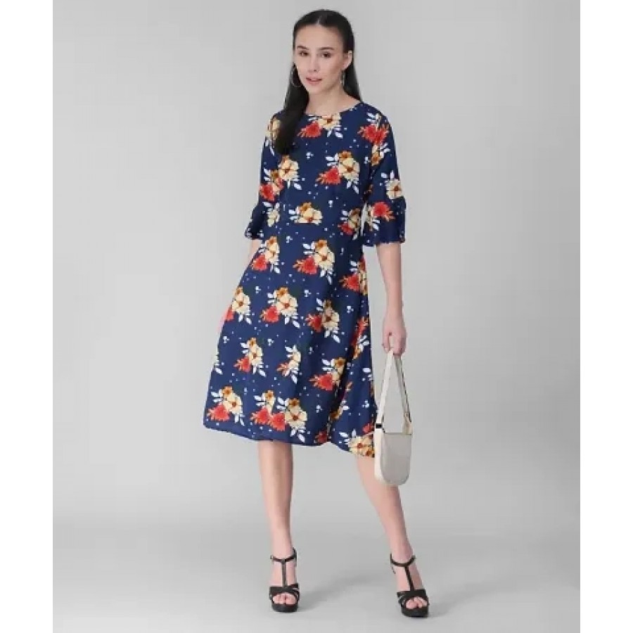 Vivient Women Nevy Blue Polkadot Printed Midi Dress